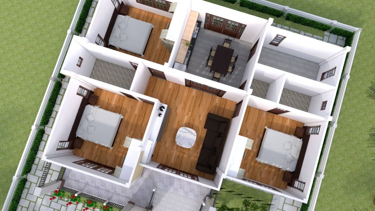 One Story House Plans 12×11 Meter 39×36 Feet 3 Beds Hip Roof (A4 Hard Copy)
