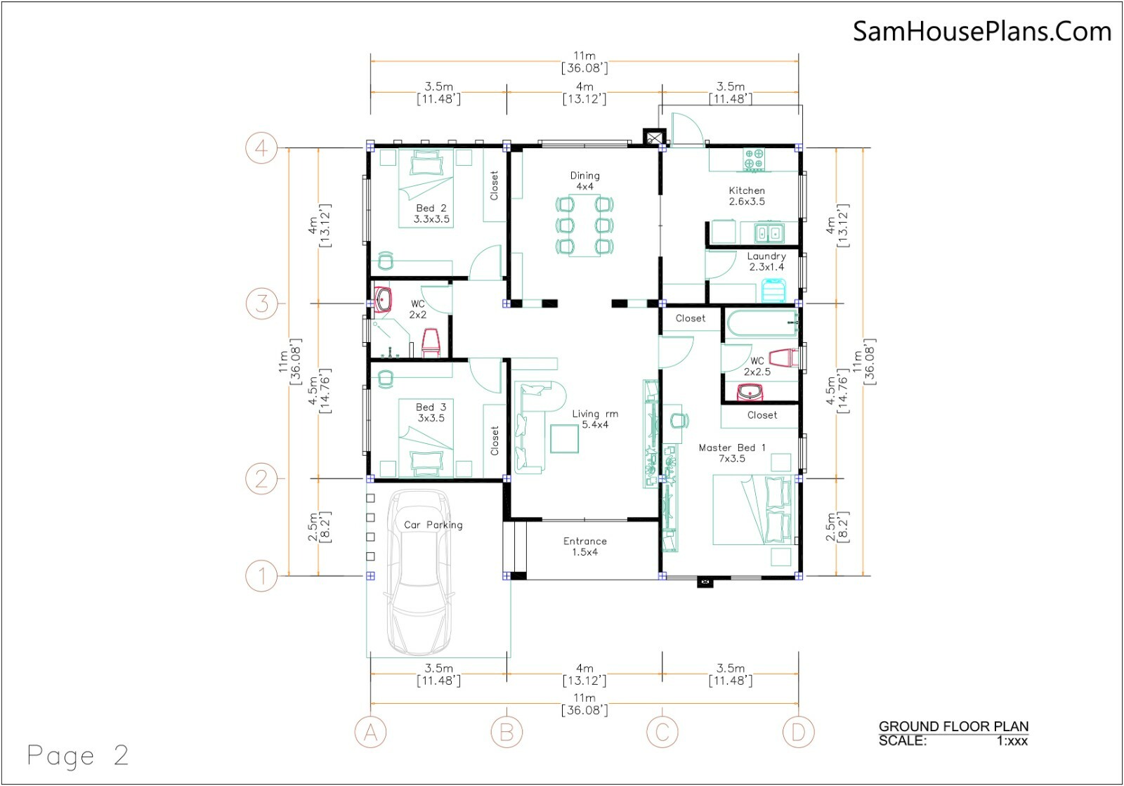 36×36 Feet House Design Plans 11×11 Meter 3 Beds 2 Baths Flat Roof(A4 Hard Copy)