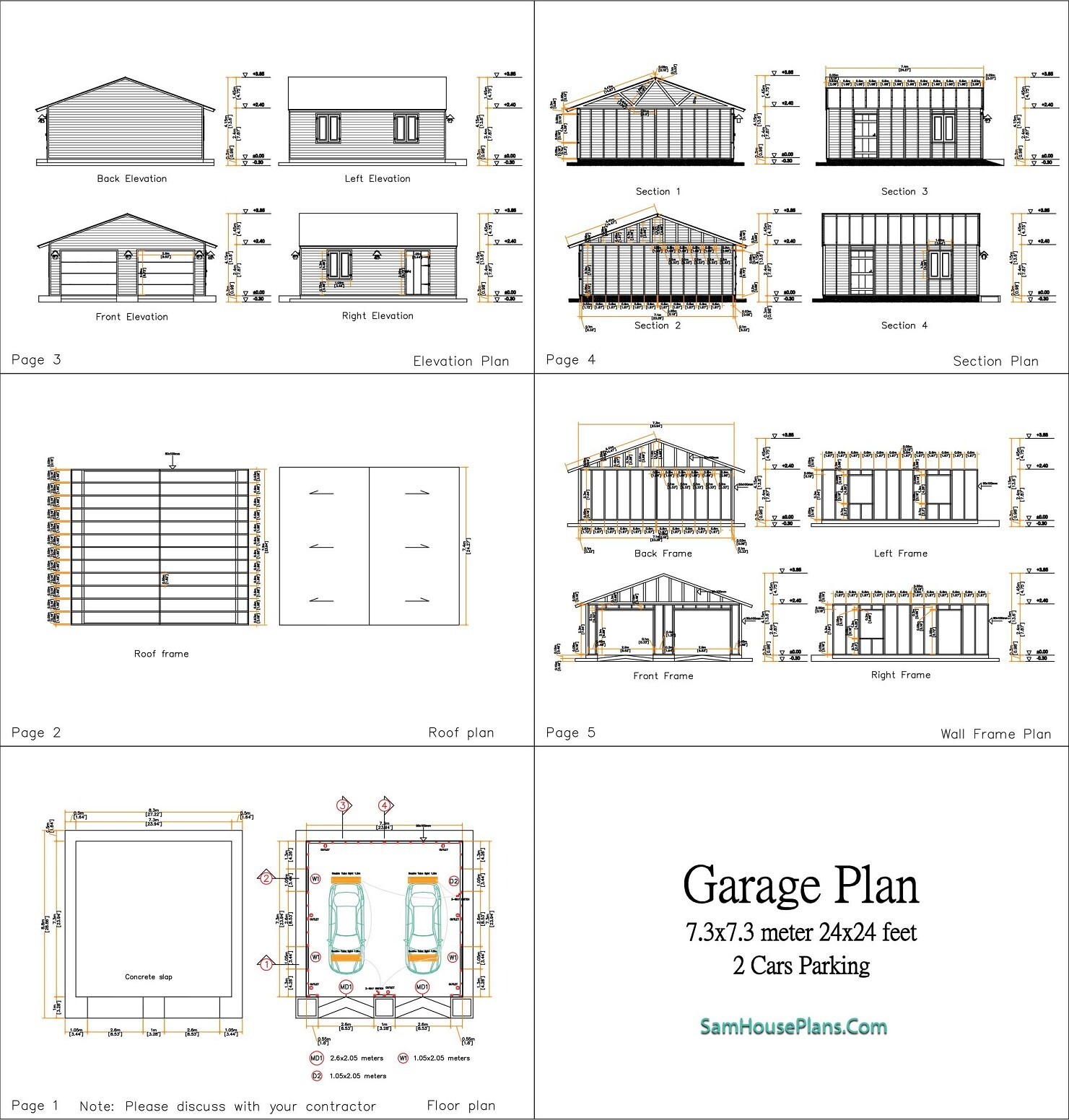 24×24 Feet 2 Cars Garage Shed Plan 7.3×7.3 Meter PDF Plans (A4 Hard Copy)