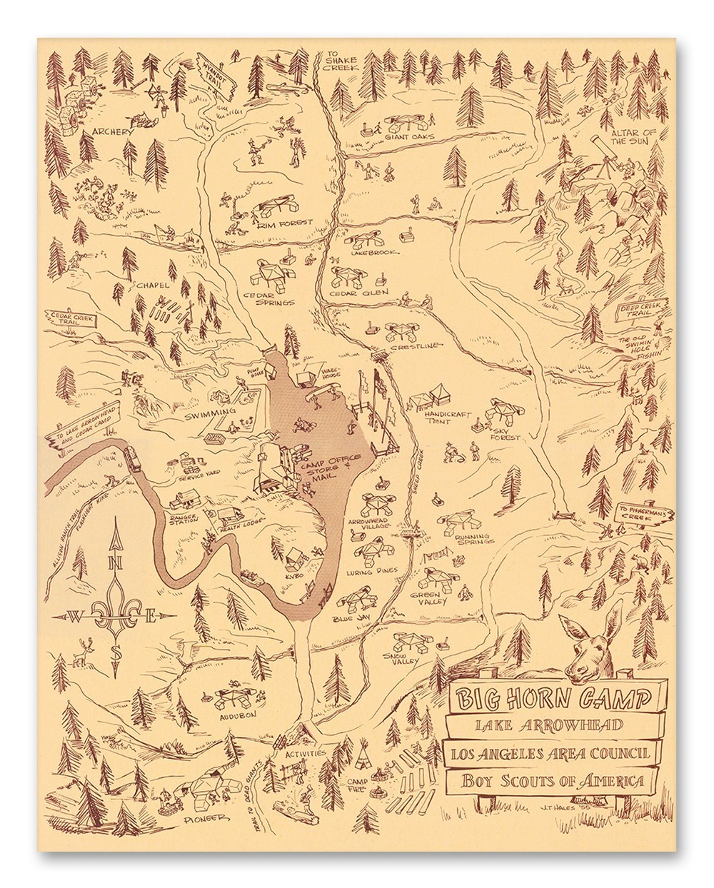 Big Horn Camp Lake Arrowhead 1955 Vintage Scout Camp Illustrated Map Wall Art