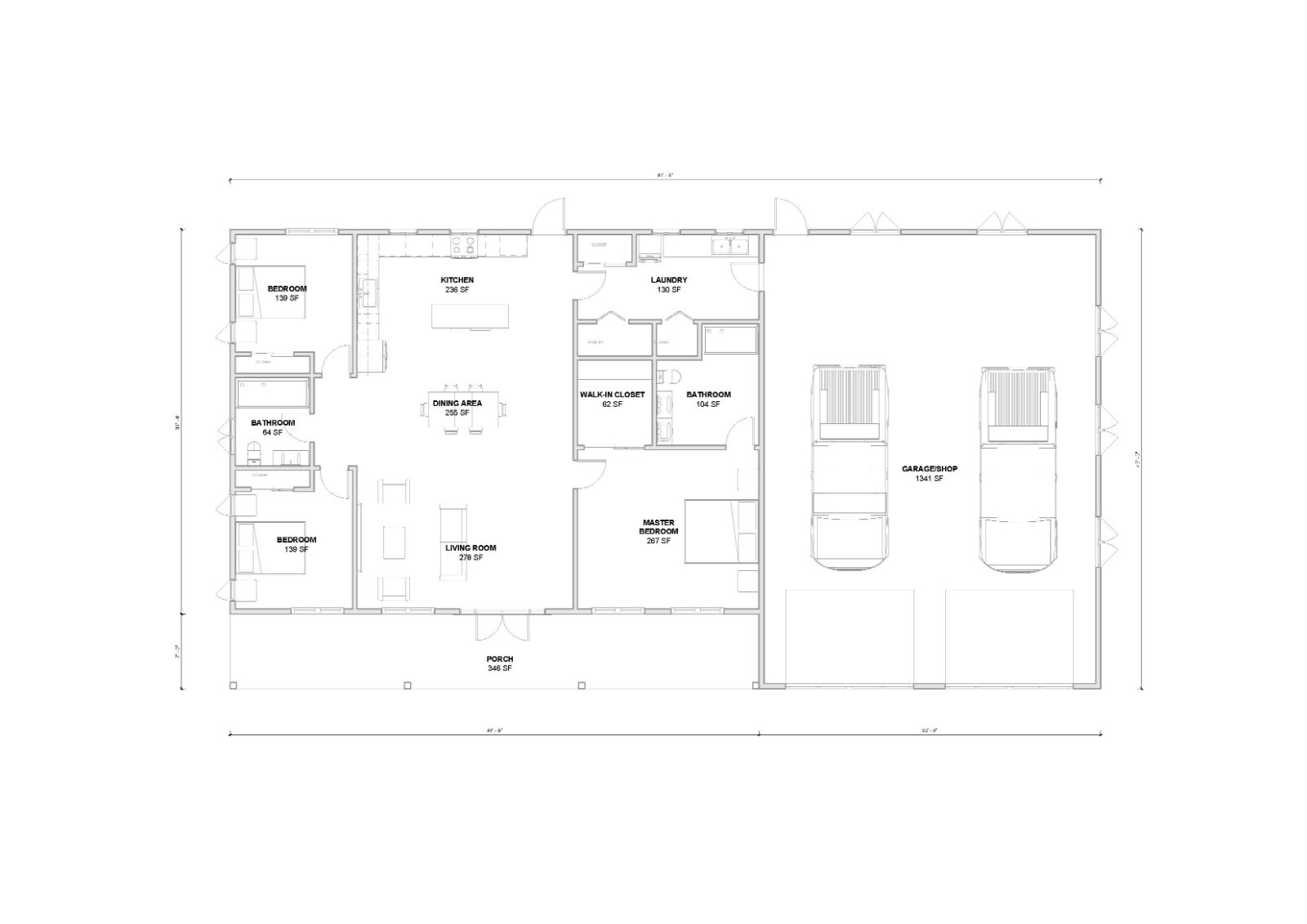 Barndominium 3 Bed 2 Bath with 2 car shop 43’X70′ 3,000 sq. ft. | PDF Download