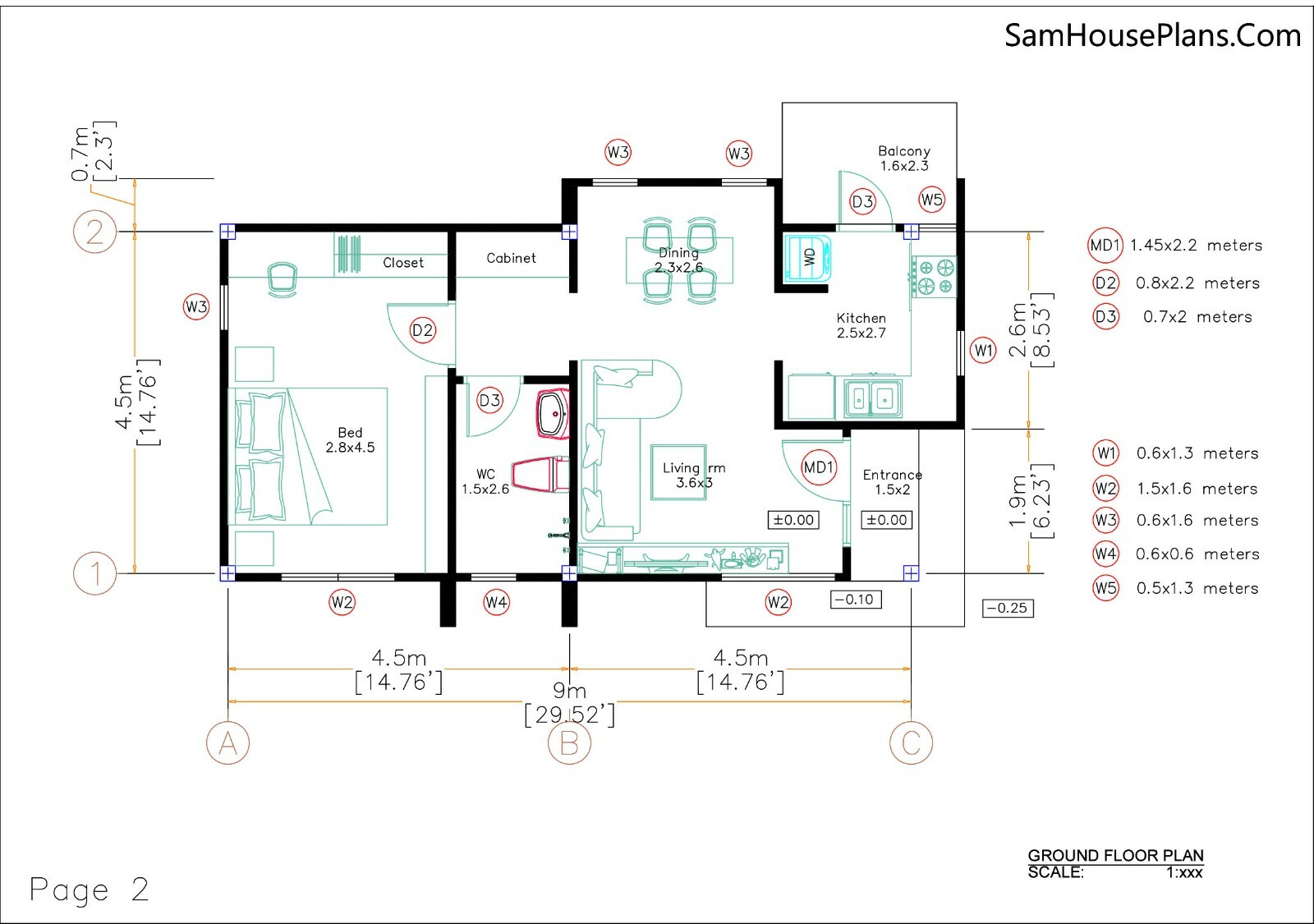 15×30 Feet Small House Plan 4.5×9 Meter 1 Bed 1 Bath Shed Roof (A4 Hard Copy)