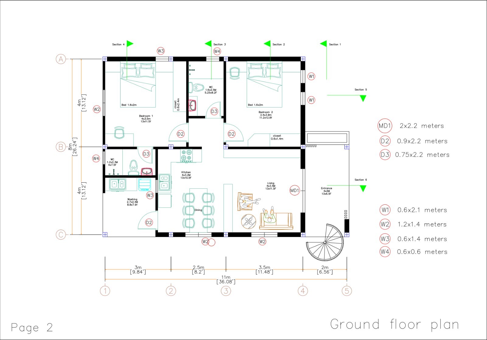 26×36 Small House Plan 8×11 Meter 2 Beds 2 Baths Small Shed (A4 Hard Copy)