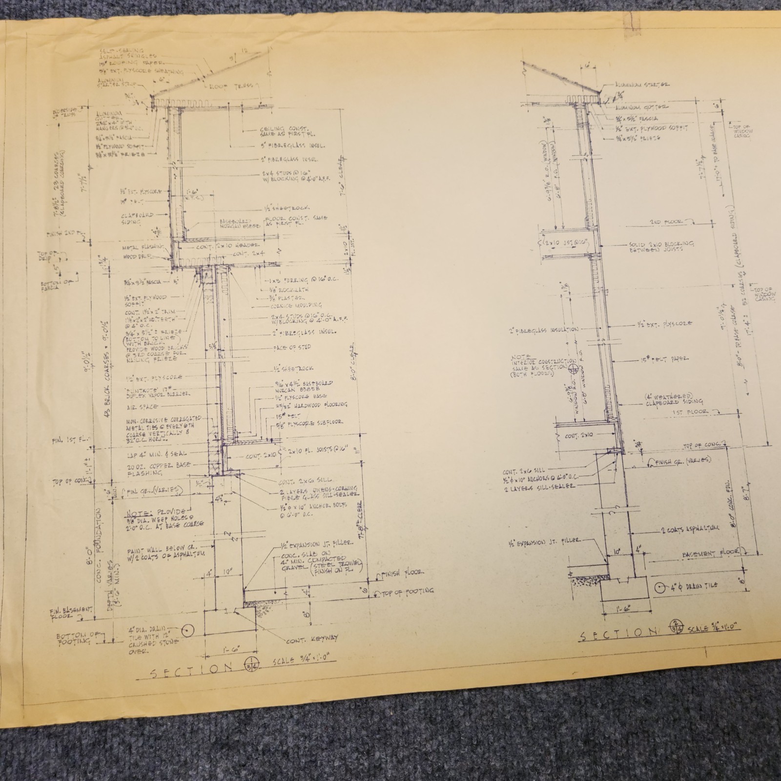 Vintage House Blueprint 33×17 1964 Mid Century Modern Drawing Art Glen Ellyn IL
