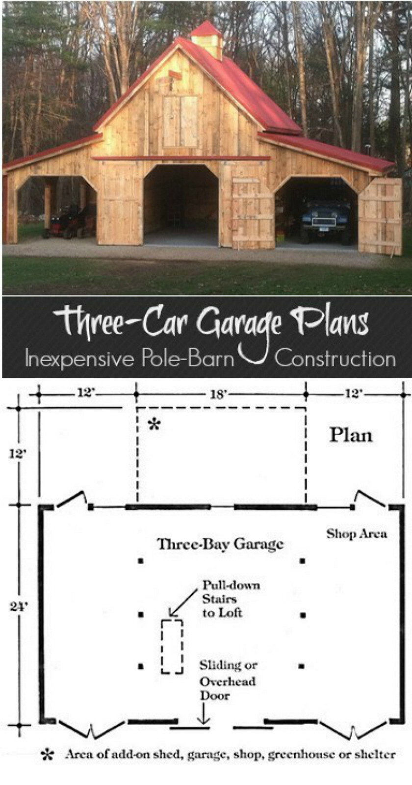 Three-Bay Car Barn Plans with Lofts: 3 Different Sets of Pole-Barn Plans (G3)