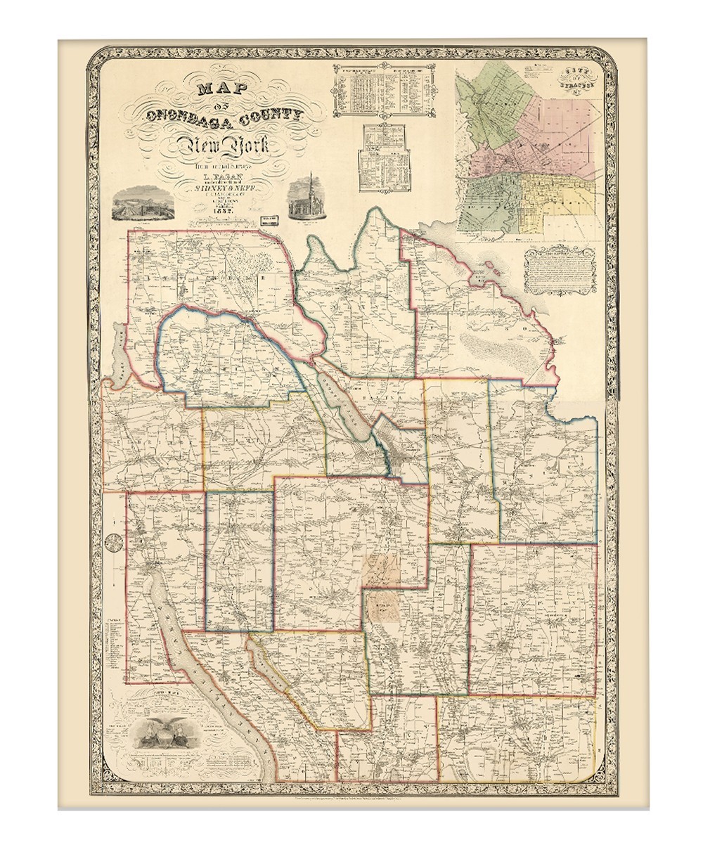 Onondaga County New York 1852 Vintage Map Historic Central NY Cartography