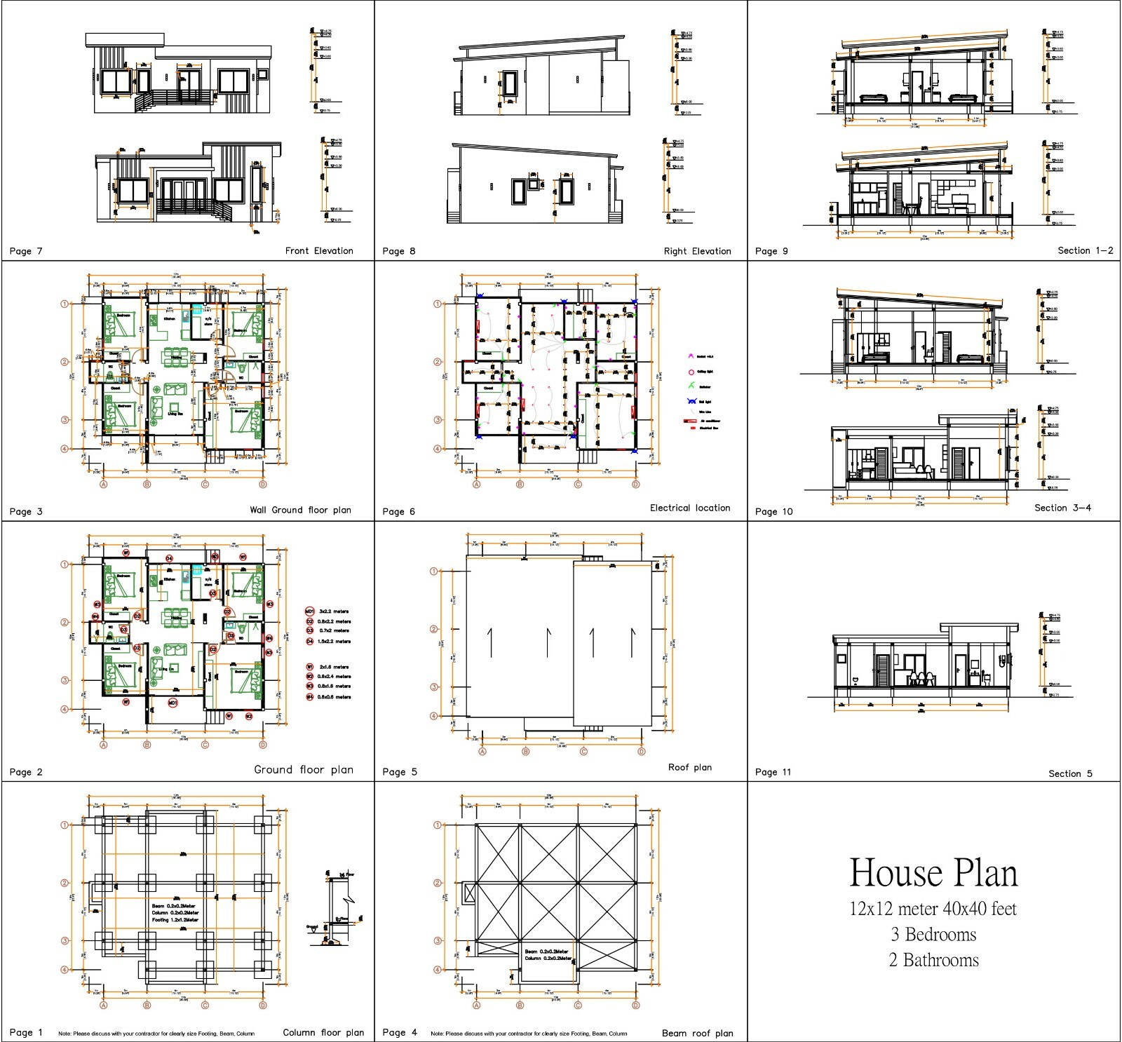 House Plan 12×12 Meter 39×39 Feet 4 Beds 2 Baths Shed Roof PDF (A4 Hard Copy)