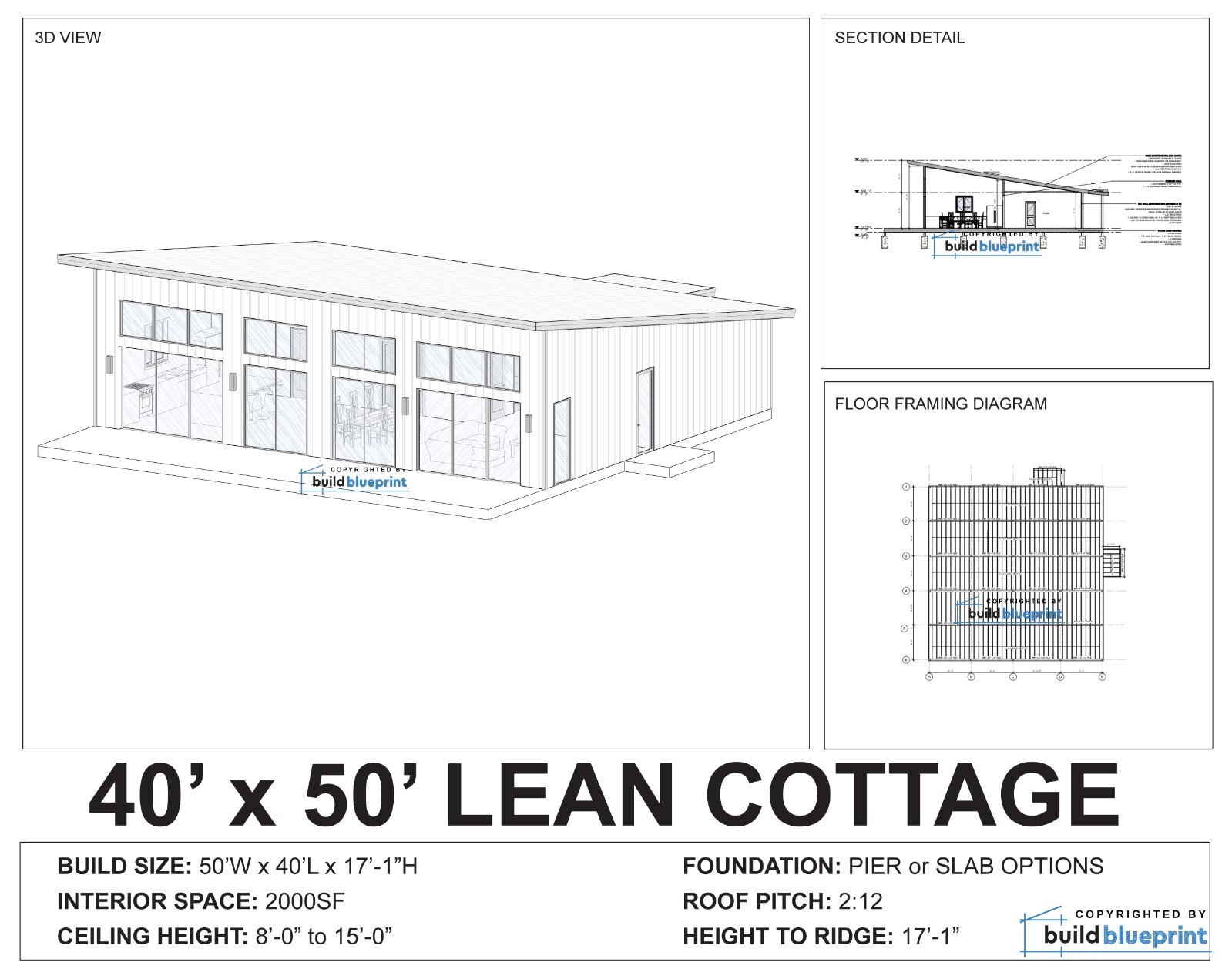 40×50 Lean Modern Cottage Custom Architectural Plans 2000SF – PDF Download