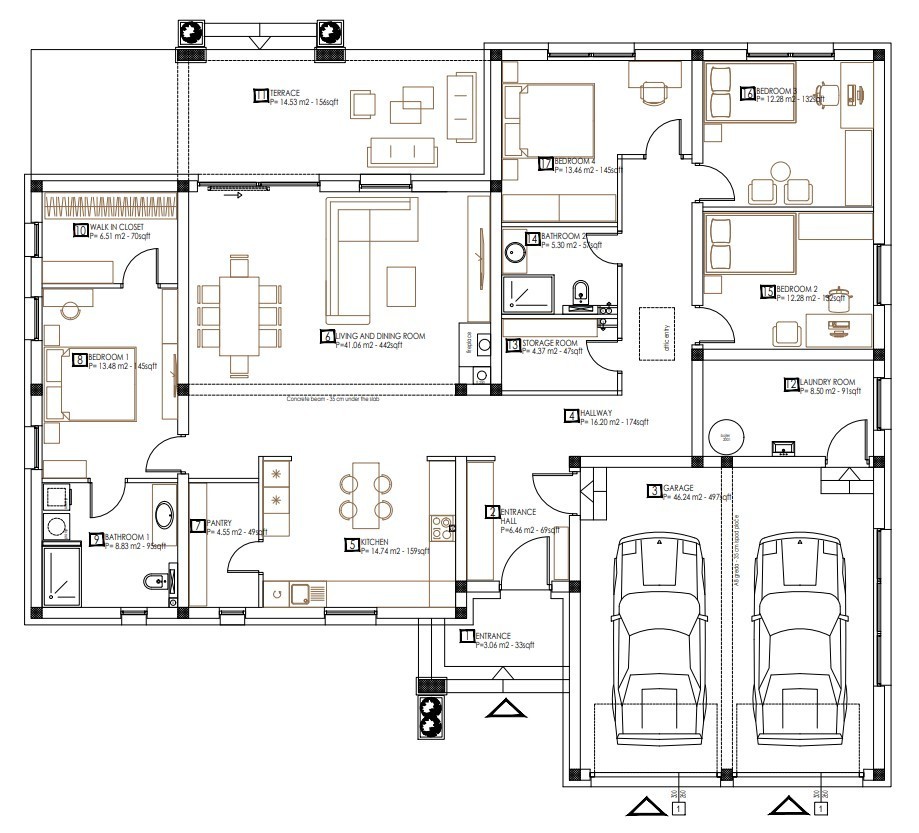 Modern 4Bedroom 2Bathroom House Plans Blueprints and Floorplans, 258m2-2780sqft