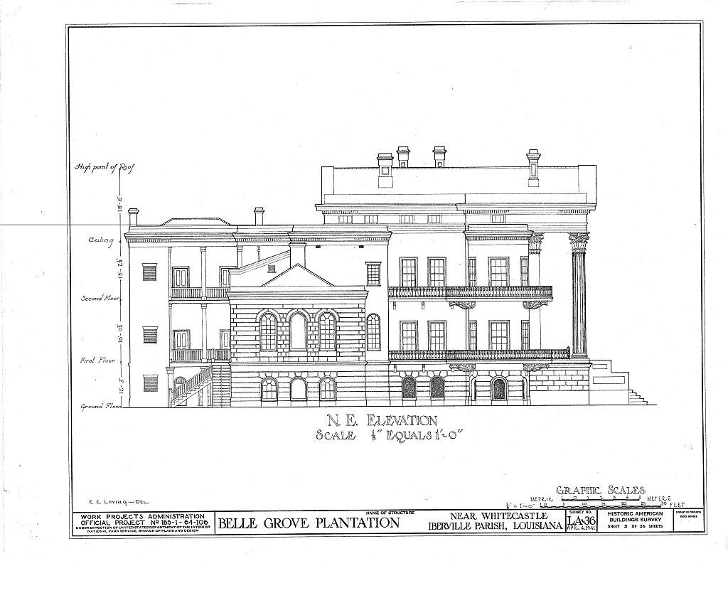 Architectural House Plans, Belle Grove Plantation, southern style mansion