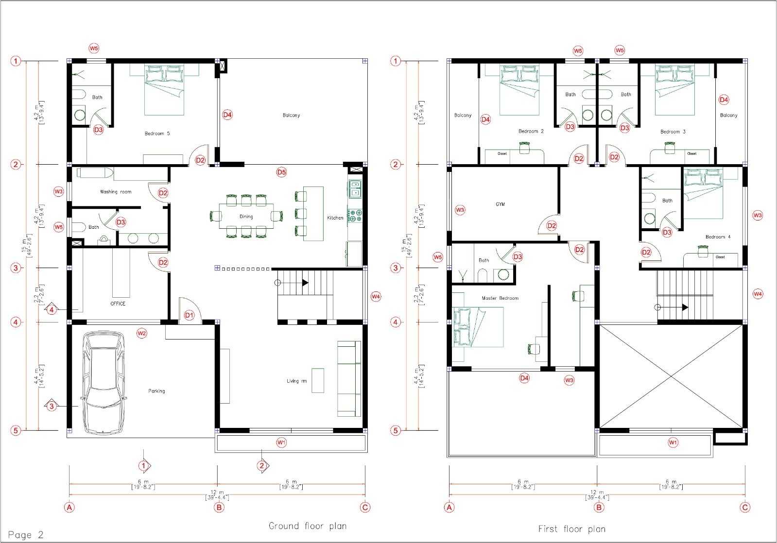 39×49 Ft House Design Plans 12×15 Meter 5 Bed 6 Bath Terrace Roof (A4 Hard Copy)
