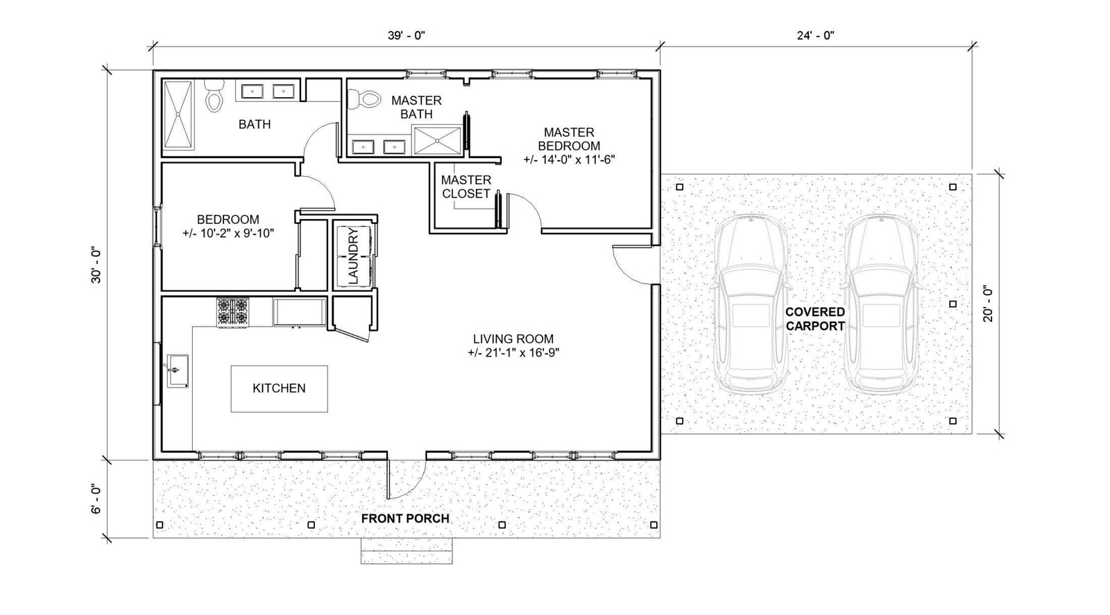 Classic Compact Barndominium 2 car carport – 2 bed 2 bath (39’x30′) 1170 SF Cust