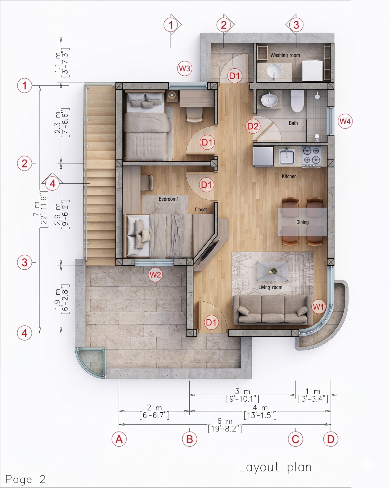 20×23 Feet Small House 6×7 Meter 2 Bed 1 Bath Terrace Roof PDF, Cad&A4 Hard Copy