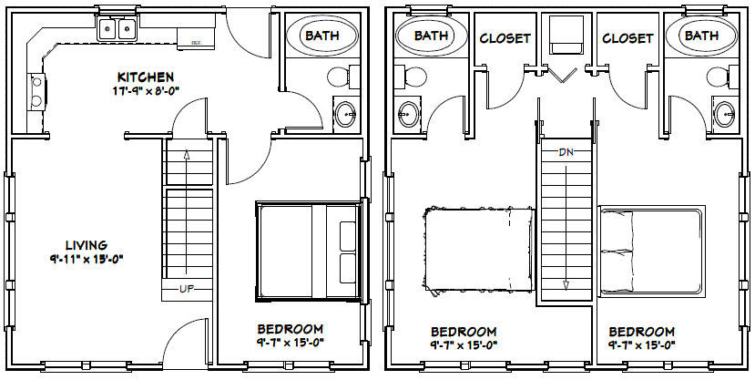24×24 House — 3 Bedroom — 3 Bath 1,083 sq ft — PDF Floor Plan — Model 7A