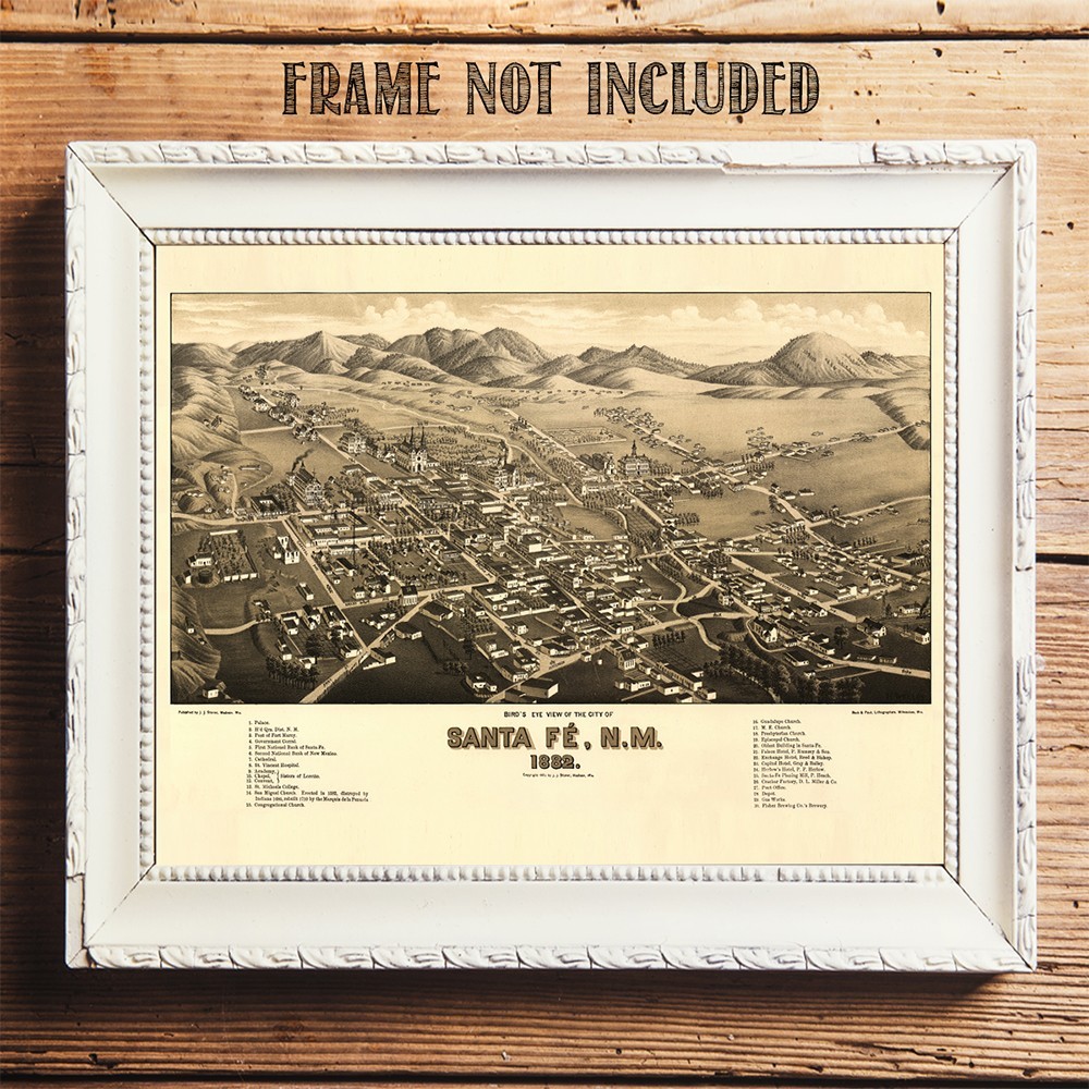 Santa Fe New Mexico 1882 Bird’s Eye View Historic City Map Vintage Wall Art