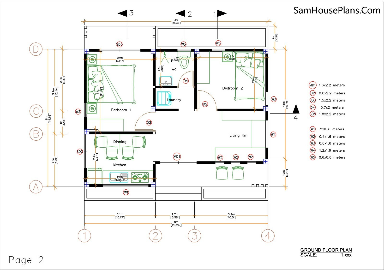 House Design Plan 8×6 Meter 26×20 Feet 2 Bedrooms Gable Roof PDF (A4 Hard Copy)