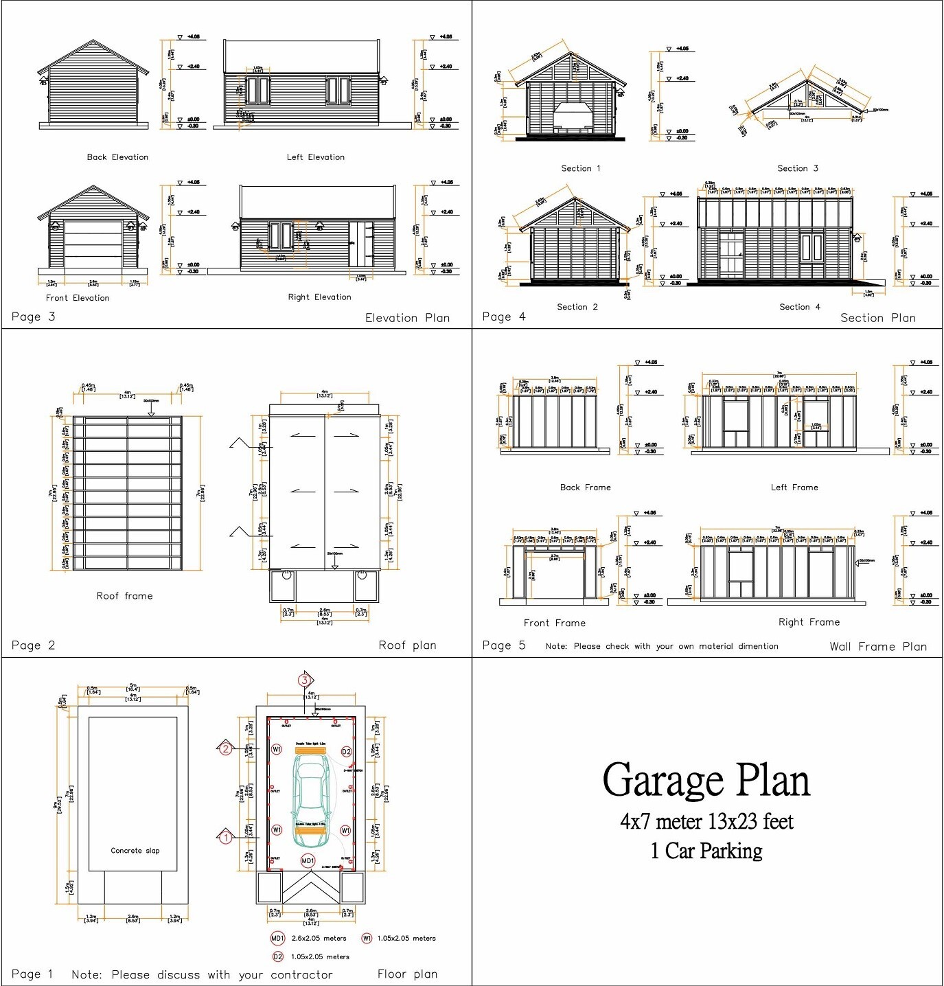 13×23 Feet 4×7 Meter 1 Car Garage Shed Plan PDF Plans (A4 Hard Copy)
