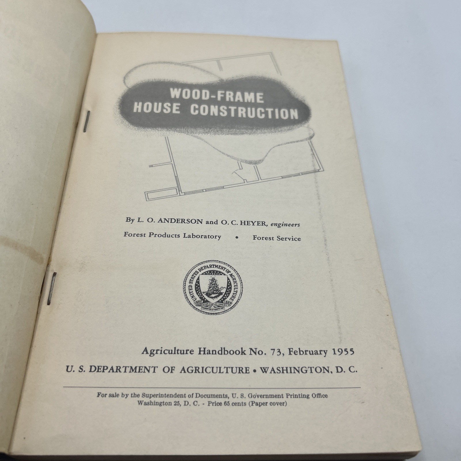 Vintage USDA Wood-Frame House Construction Handbook No. 73 Blueprint Cover 1955
