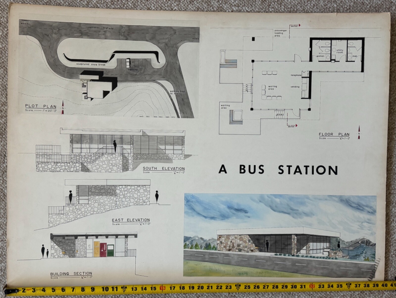 Vintage 1970s Bus Station Building Architectural Rendering Plans Blue Prints