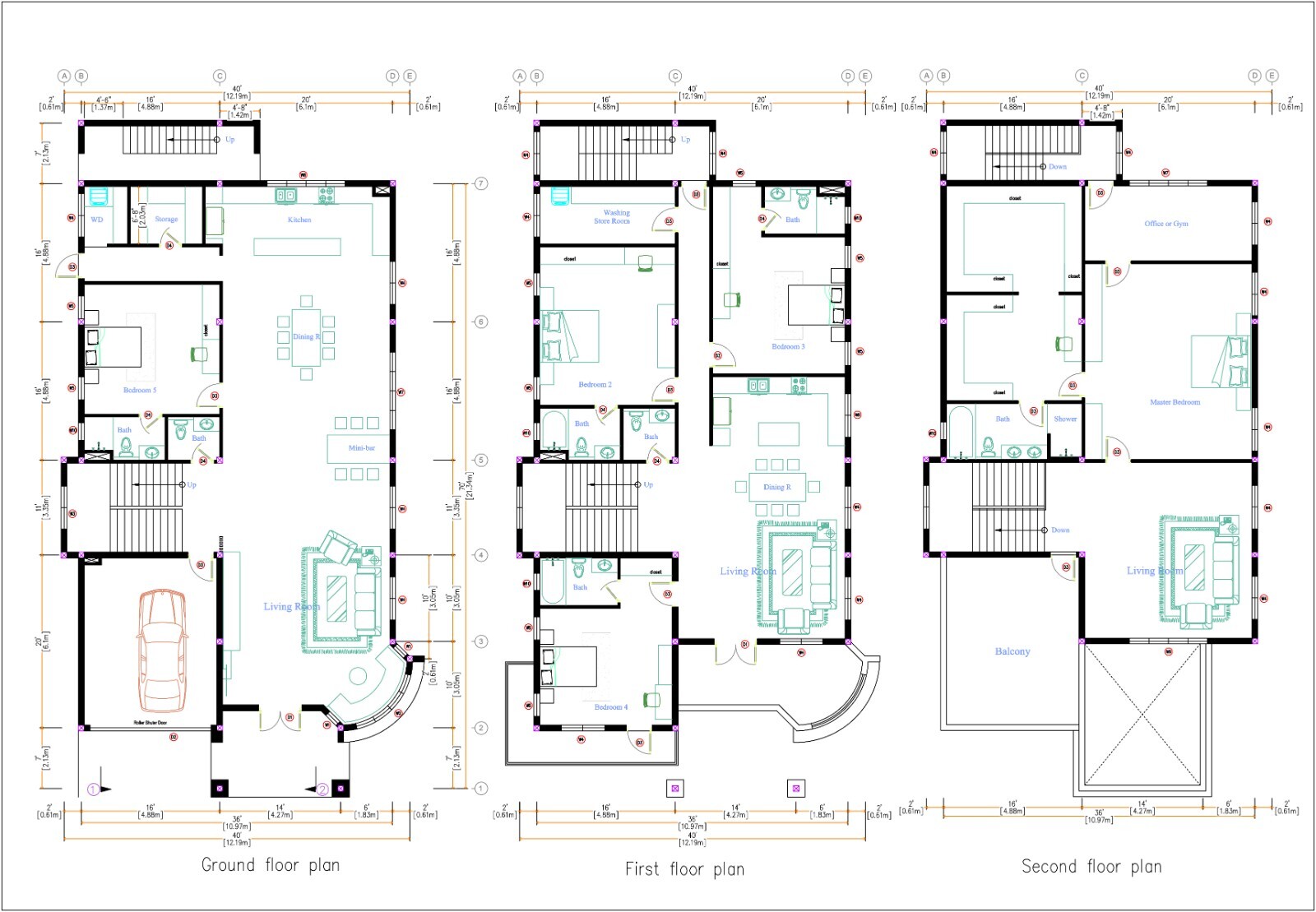 40×70 Feet House Design Plans 12×23 Meter 5 Bed 6 Bath PDF Plan & A4 Hard Copy