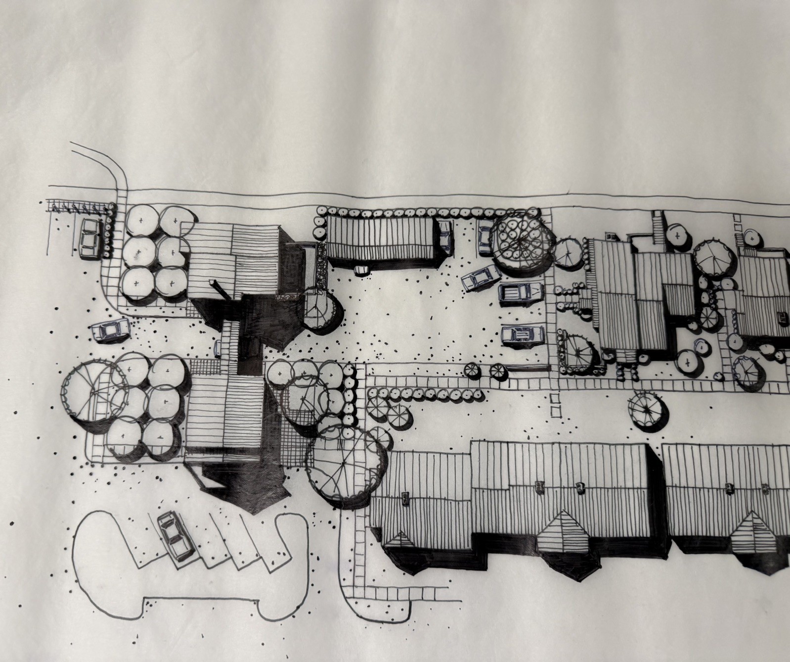 Vintage Hand-Drawn Architectural Site Plan Rendering – Ink on Vellum – 12×18