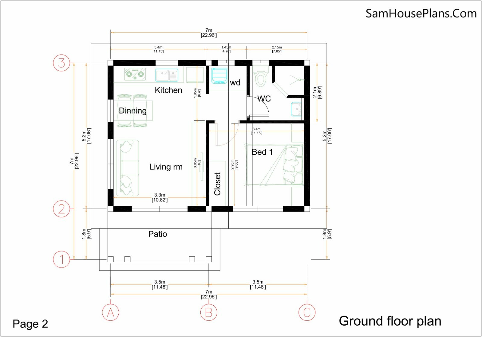 Small Granny Plans 7×7 Meter 23×23 Feet 1 Bed 1 Bath Flat Roof PDF A4 Hard Copy