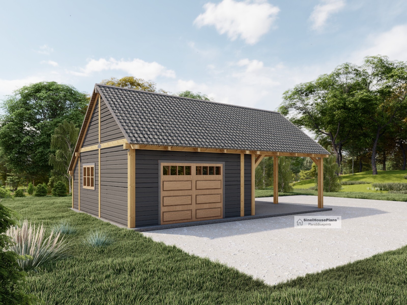 Timber Framed Garage plans with Carport, Massive Post Carport drawing