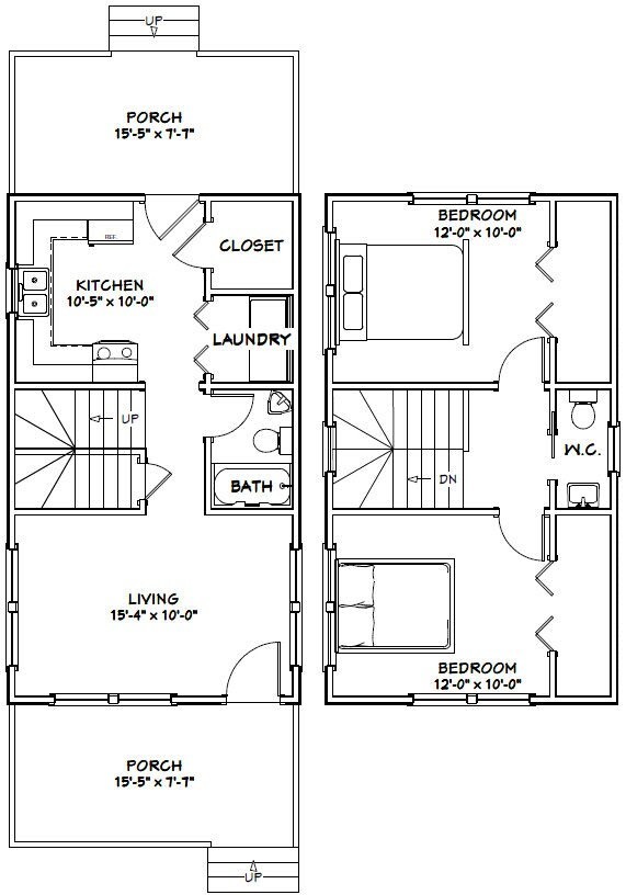 16×28 House — 2 Bedroom 1.5 Bath — PDF Floor Plan — 814 sq ft — Model 5G