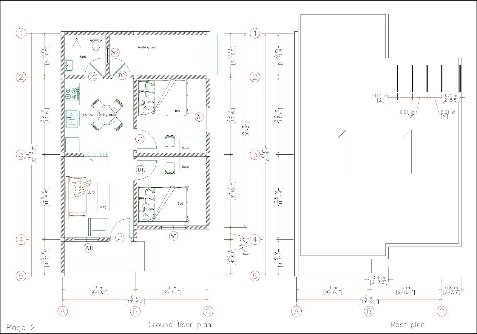 20×33 Feet Small House Plan 6×10 Meter 2 Bed 1 Bath Shed Roof (A4 Hard Copy)