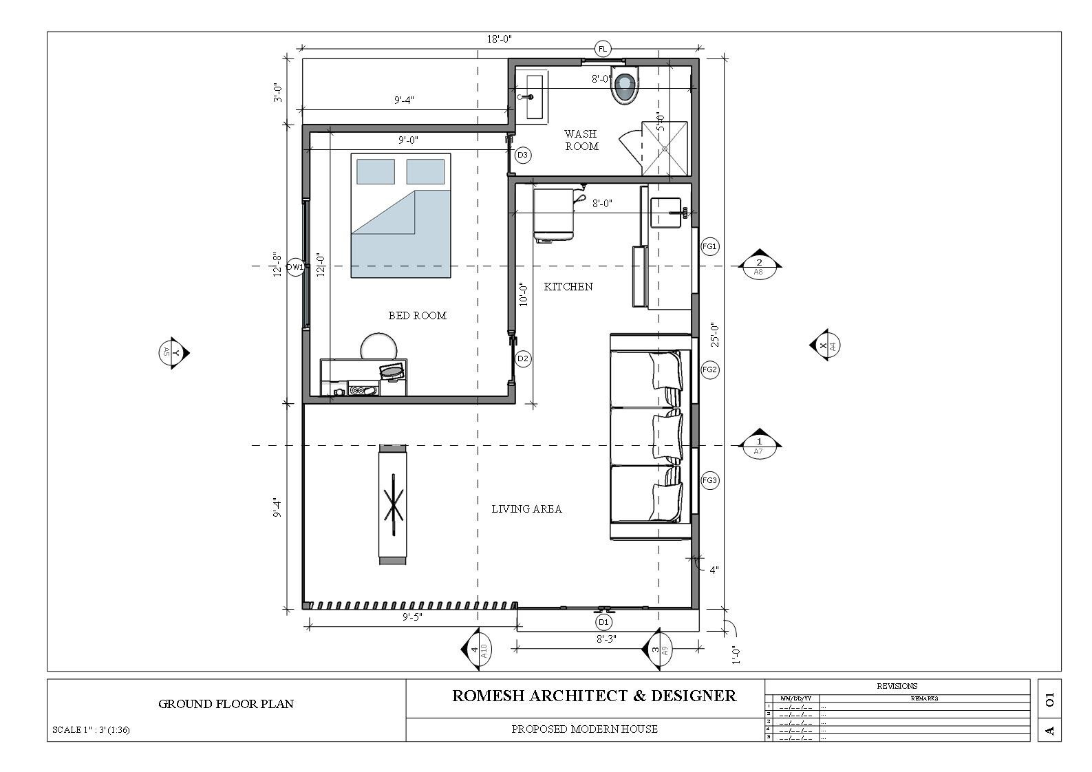 2 Story Modern House Plan with Blueprint PDF, DWG & 3D Design- 900sqft (No 11)