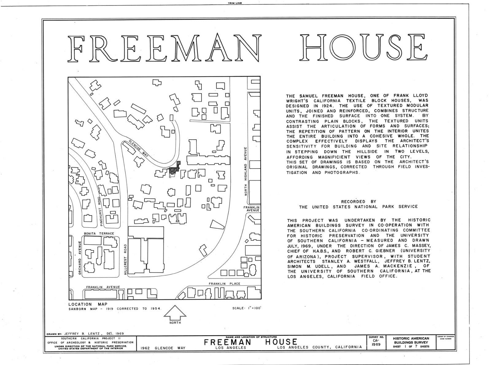 2 bedroom Freeman Home by Frank Lloyd Wright, printed architectural house plans