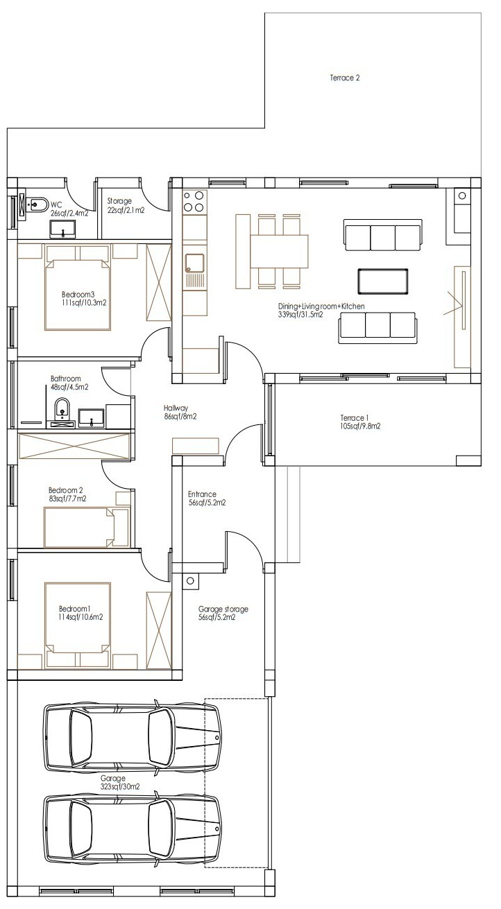 Small Modern 3 Bedroom 1.5 Bathroom House Floor Plan Blueprints, 886SQFT/82.3m2