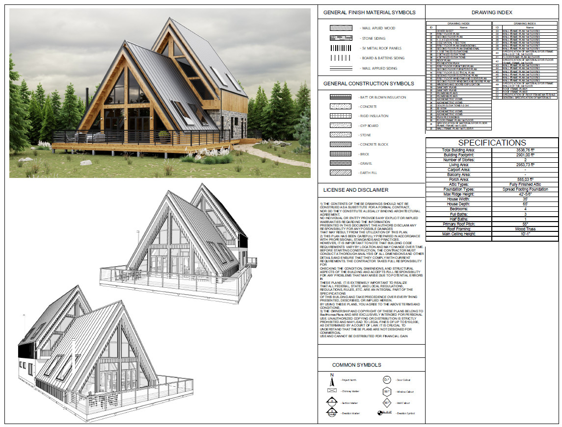 35’x65′ 4 Beds, 4 Bath Double A-Frame Architectural Build Plans PDF Download