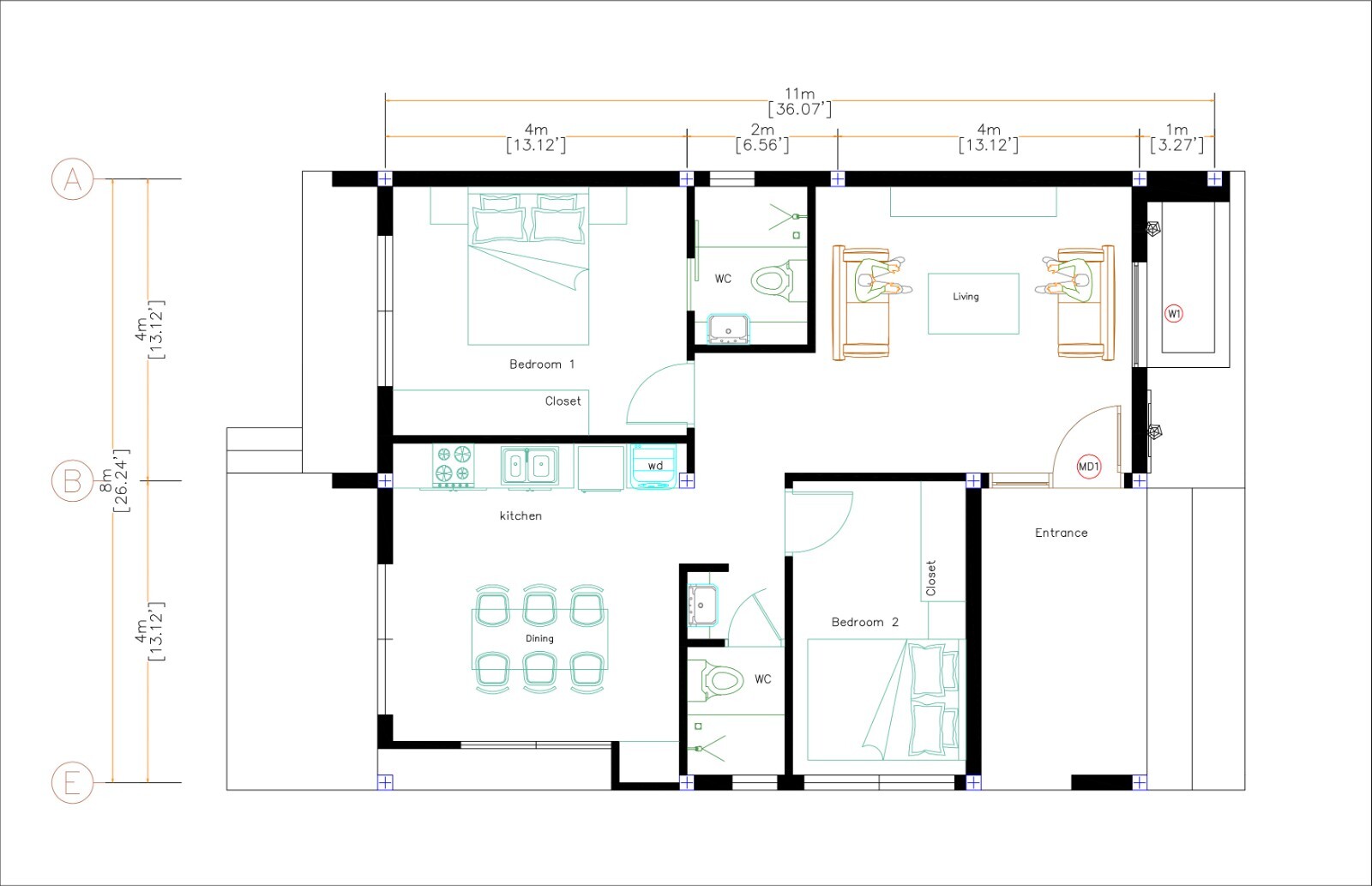 26×36 Feet House Plans 8×11 Meter 2 Beds 2 Baths Terrace Roof PDF (A4 Hard Copy)