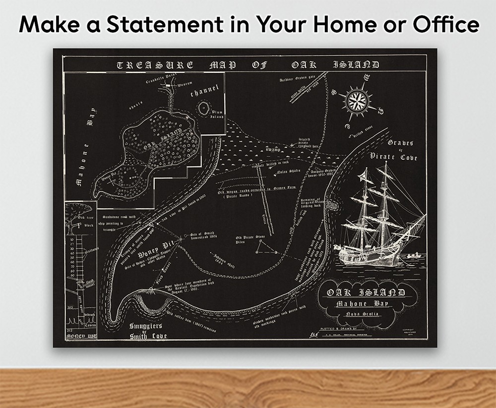 Oak Island Treasure Map Vintage Pirate Chart Nova Scotia Historic Wall Art