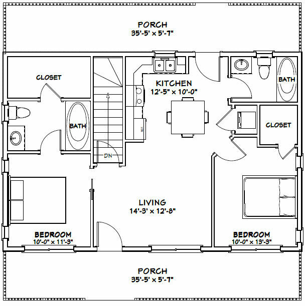 36×24 House — 2 Bedroom 2 Bath — 812 sq ft — PDF Floor Plan — Model 7C