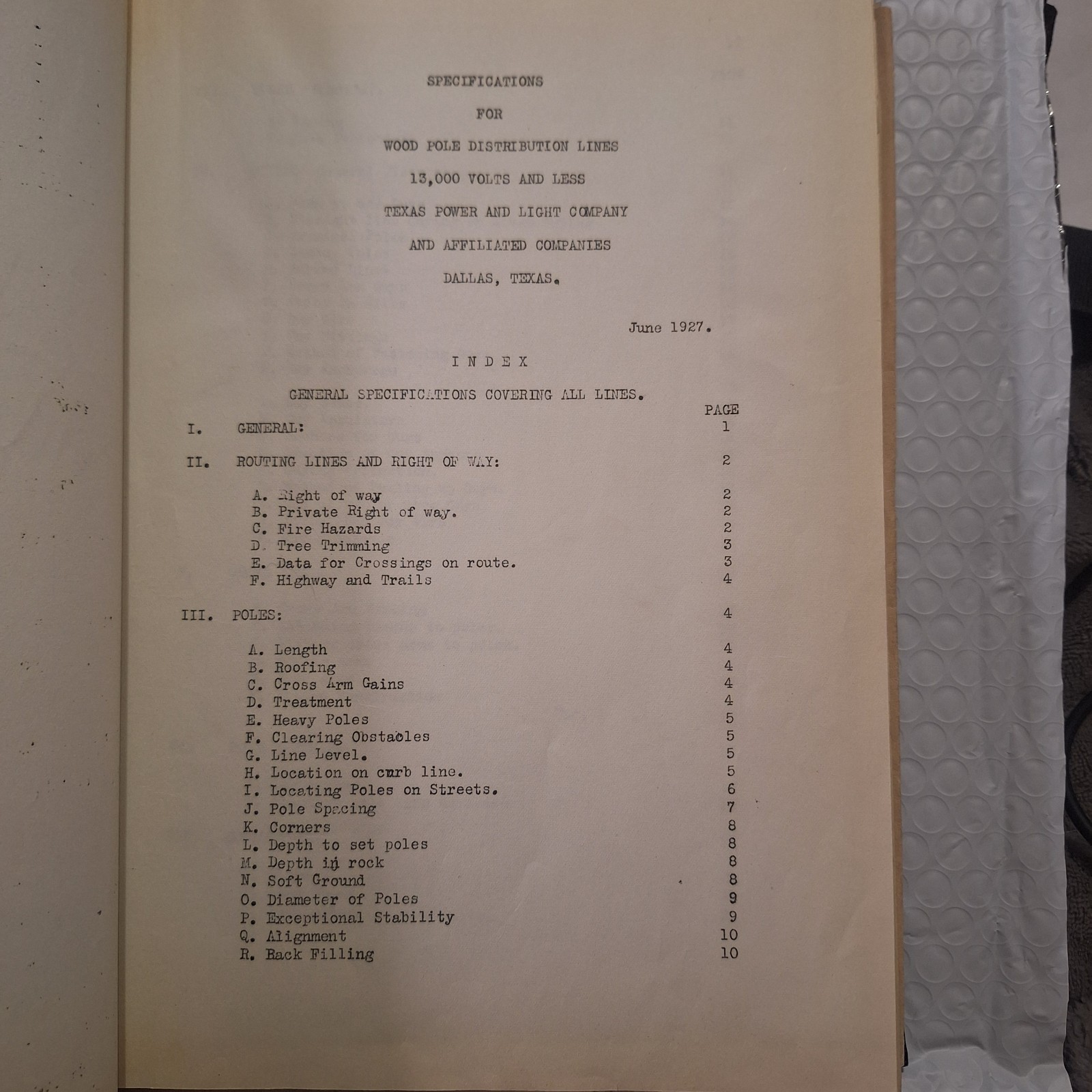 Texas Power & Light Co. Vintage 1927 Wood Pole Distribution Specs 13,000V
