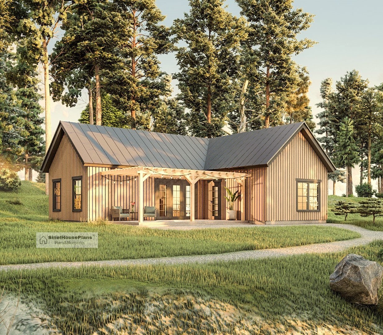 Cottage Plan – 3 Beds 2 Baths , 1204 sq ft, L-Shaped Small House Blueprints