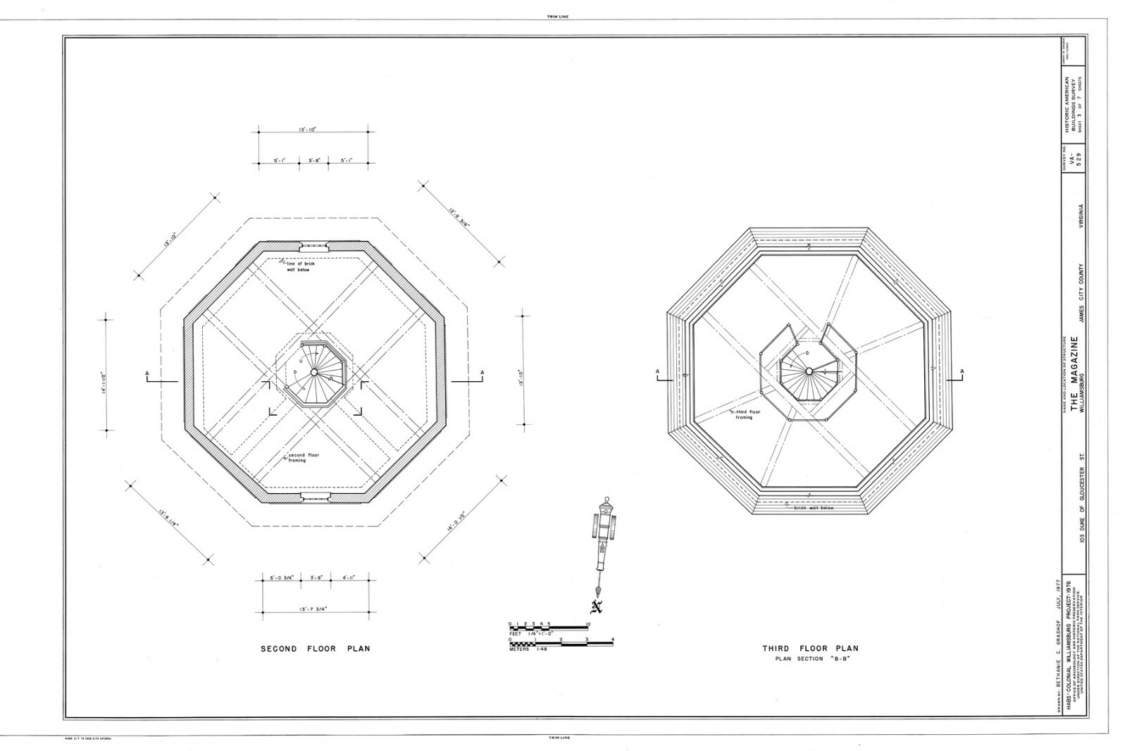 Historic Colonial Williamsburg Octagon brick house printed plans, 2 stories