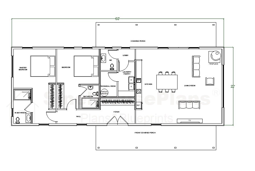 Modern Scandinavian Two Bedroom Cabin Plan, Cottage Architectural Blueprints