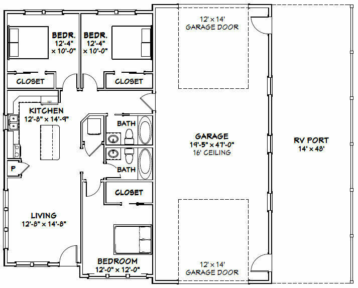 46×48 House – 3 Bedroom 2 Bath 1 RV – 1,157 sqft – PDF Floor Plan – Model 3A