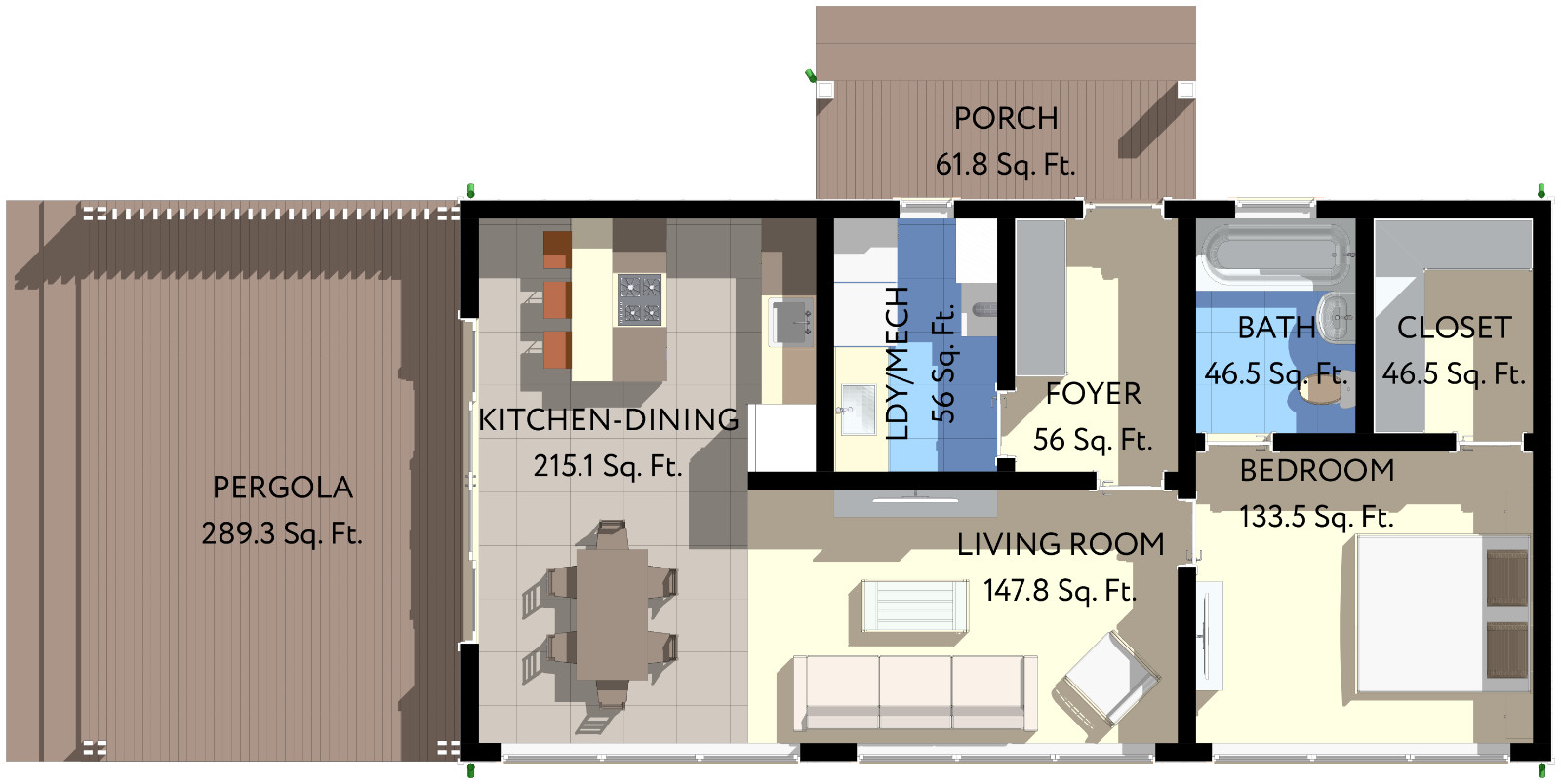 Charming Tiny House 1 Bed, 1 Bath, 701SF Architectural Build Plans PDF Download