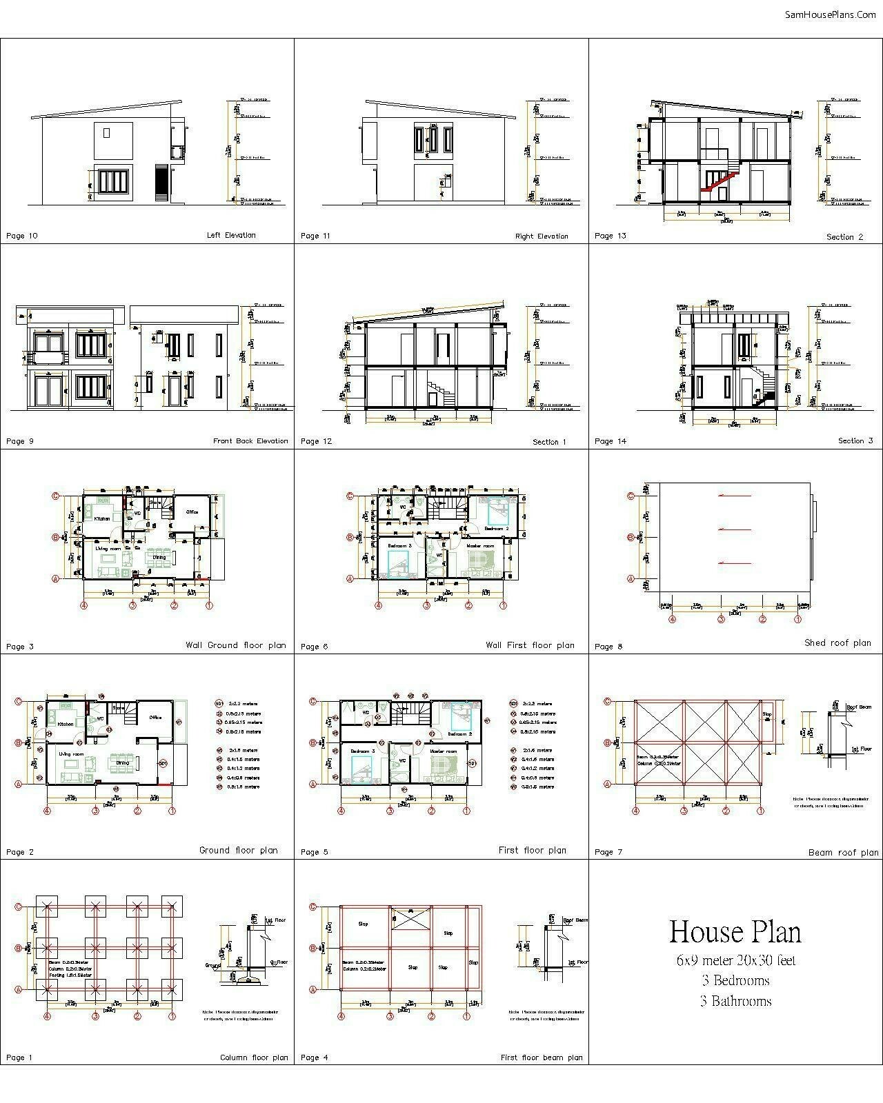 Small House Plan 20×30 Feet 6×9 Meter 3 Beds 3 Baths Shed Roof (A4 Hard Copy)