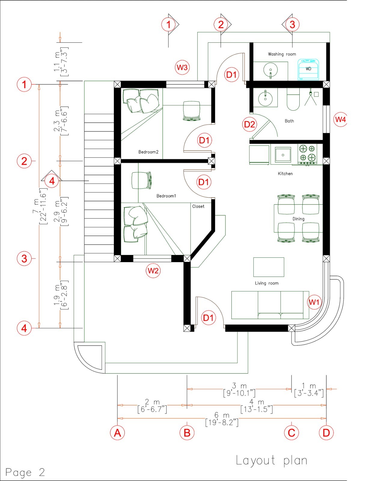 20×23 Feet Small House 6×7 Meter 2 Bed 1 Bath Terrace Roof PDF, Cad&A4 Hard Copy
