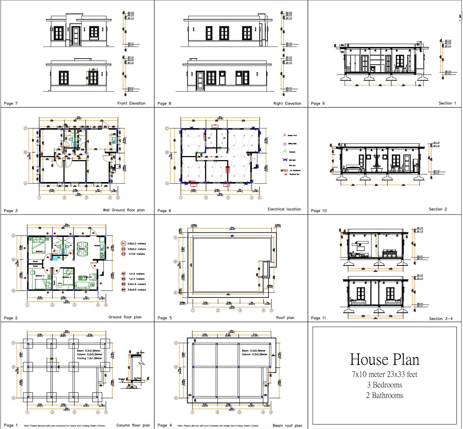 House Design Plan 7×10 Meter 23×33 Feet 3 Bedrooms Terrace Roof (A4 Hard Copy)
