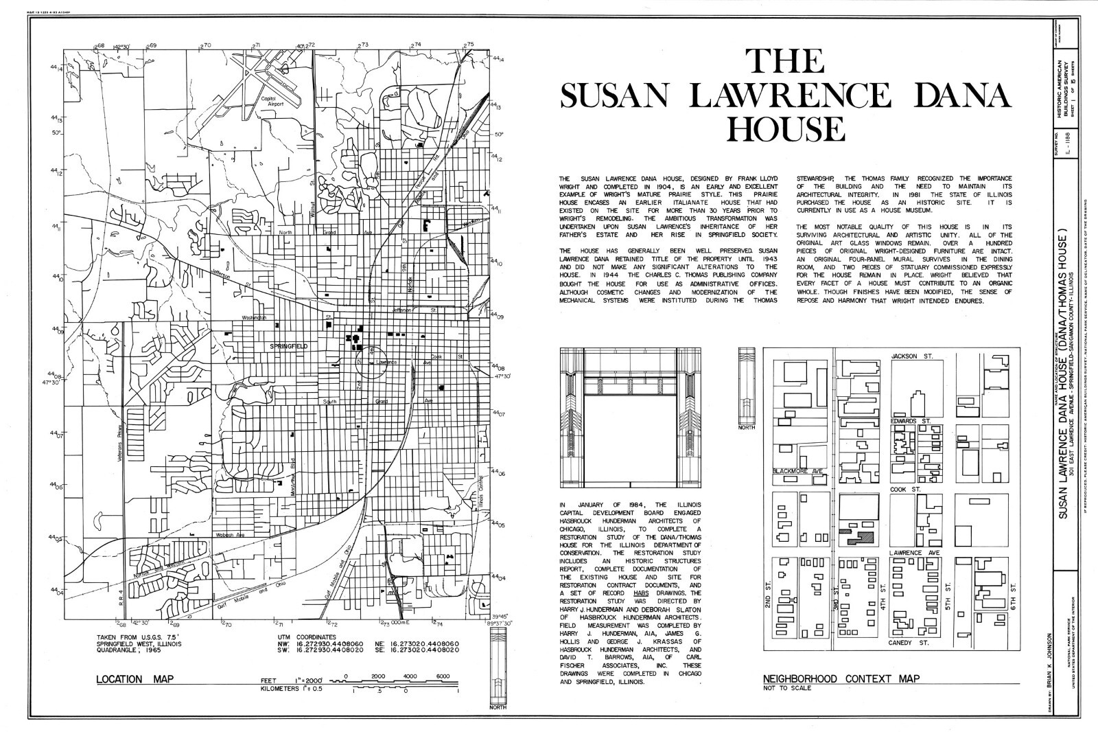 Frank Lloyd Wright’s Dana House Prairie Style home, detailed architectural plans