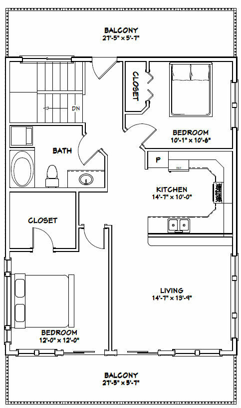 28×36 House — 2 Bedroom 1.5 Bath — 1,170 sq ft — PDF Floor Plan — Model 4A