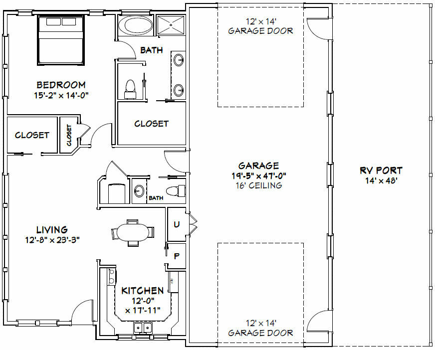 46×48 House – 1 Bedroom 1.5 Bath 1 RV – 1,157 sqft – PDF Floor Plan – Model 3B