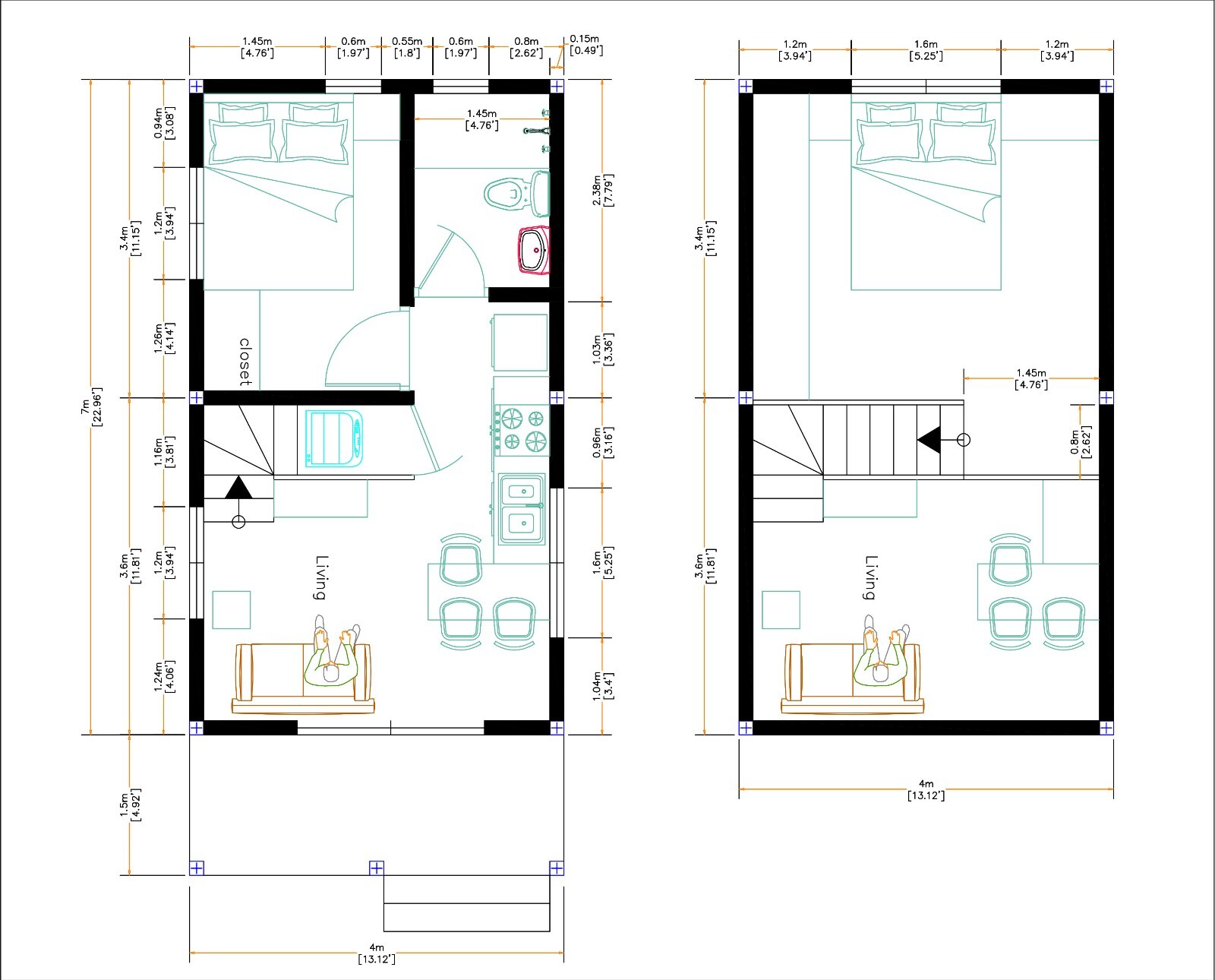 13×23 Loft House Plan 4×7 Meter 2 Beds 1 Bath Gable Roof PDF Plan (A4 Hard Copy)