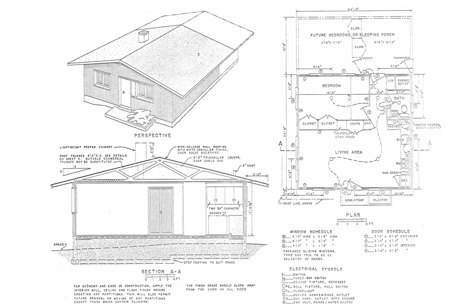 Wood Construction Tiny Home Cabin Building Plans – 24′ x 24′ – 576 square feet